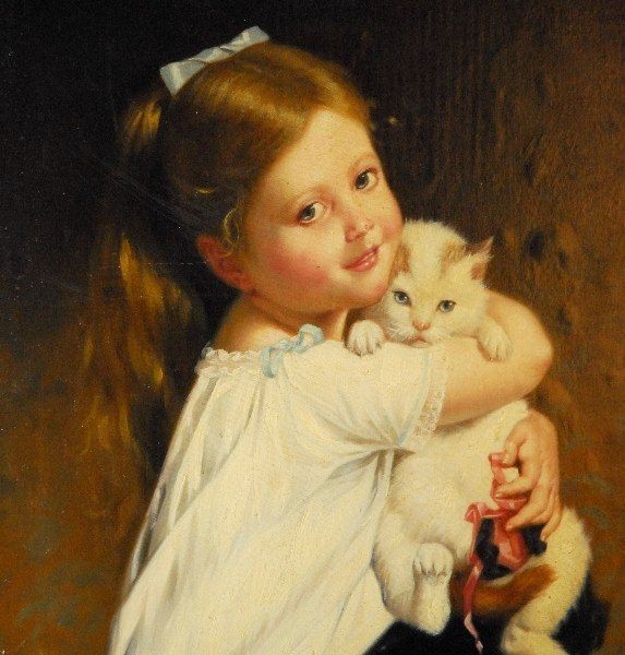 573x600 Little Girl With Kitty Cat Painting On Canvas Print Sold Ruby Lane - Painting Of A Little Girl