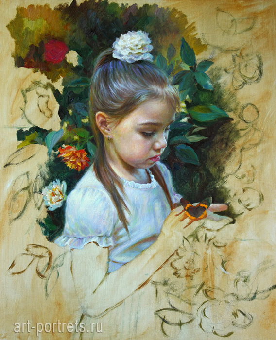 568x700 Painting Of A Little Girl With A Butterfly Fragmen By Drawing - Painting Of A Little Girl