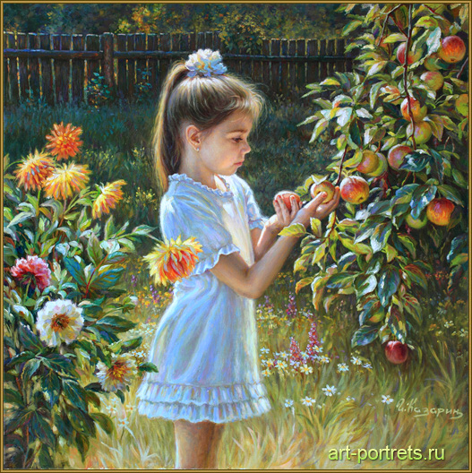 527x528 Painting Of A Little Girl With Apples In The Garden 2016 - Painting Of A Little Girl