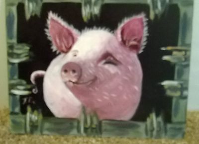 400x290 Beautiful Unique Oil Painting Of A Pig Signed T B 8x10 Precious - Painting Of A Pig