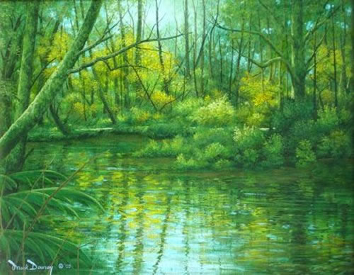 500x388 Green Pond Oil Painting Of A Pond Surrounded By Lush Green Woods - Painting Of A Pond
