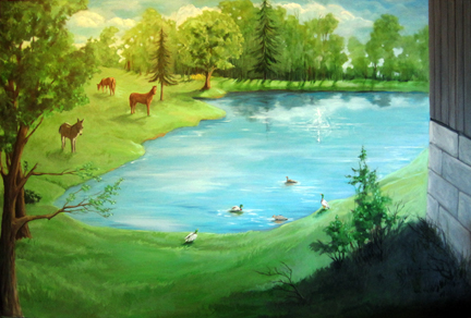432x292 Large Farm Landscape Horses, Pond, Ducks Original Oil Painting - Painting Of A Pond