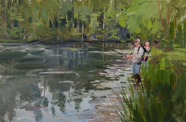 600x392 Plein Air Painting Of A Father Fishing With His Son On A Pond - Painting Of A Pond