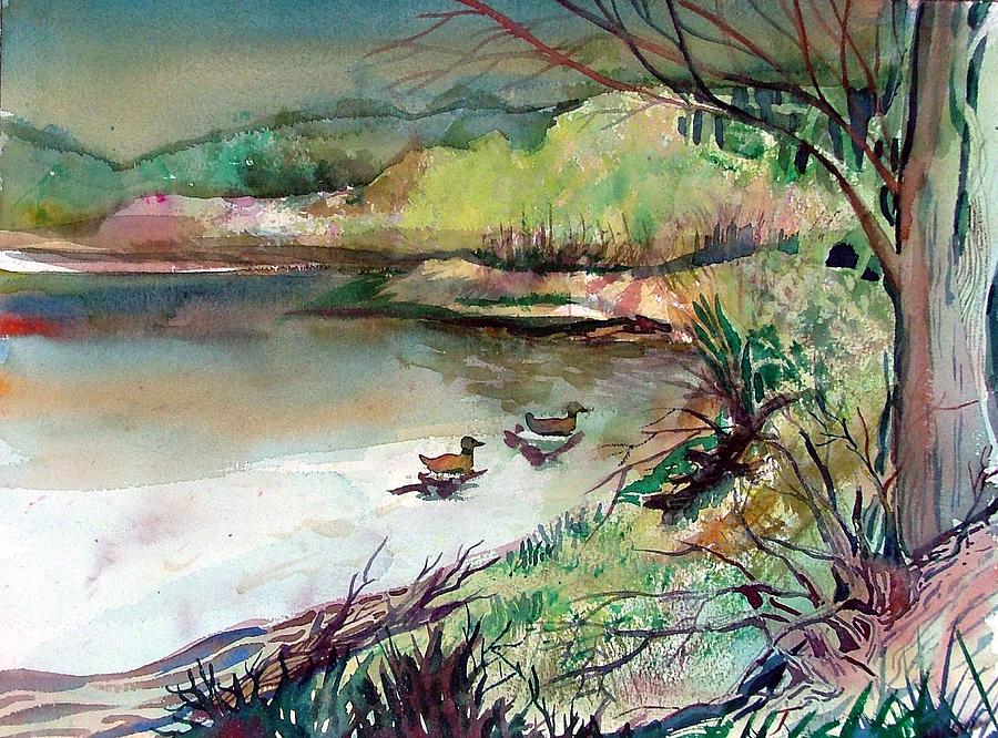 900x666 The Duck Pond Painting By Mindy Newman - Painting Of A Pond