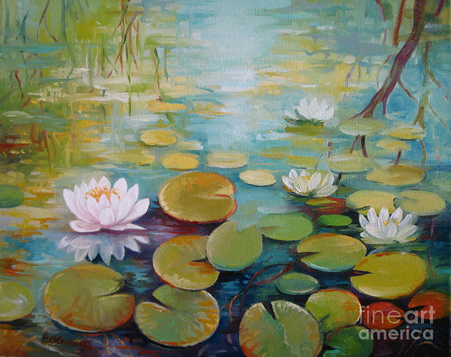900x713 Water Lilies On The Pond Painting By Elena Oleniuc - Painting Of A Pond