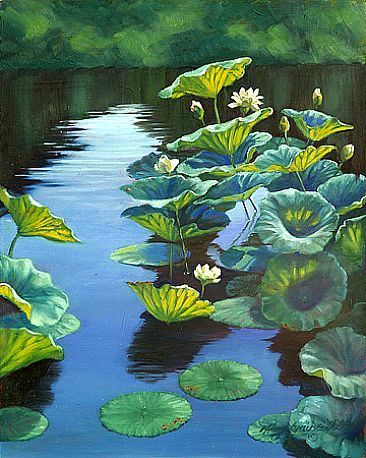 366x458 Paintings Of Lotus Flowers White Lotus Flowersnd Leaves - Painting Of A Pond