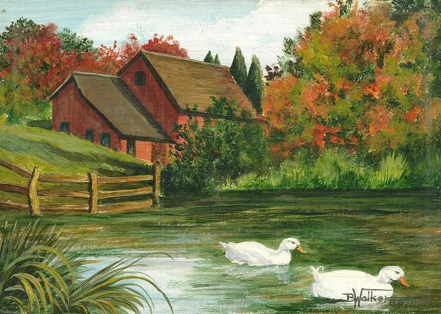 900x642 Ducks In The Pond Painting By Barbara Walker - Painting Of A Pond