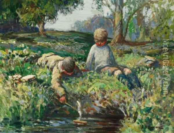 600x460 Young School Boys Playing With A Toy Boat Oil Painting - Painting Of A School