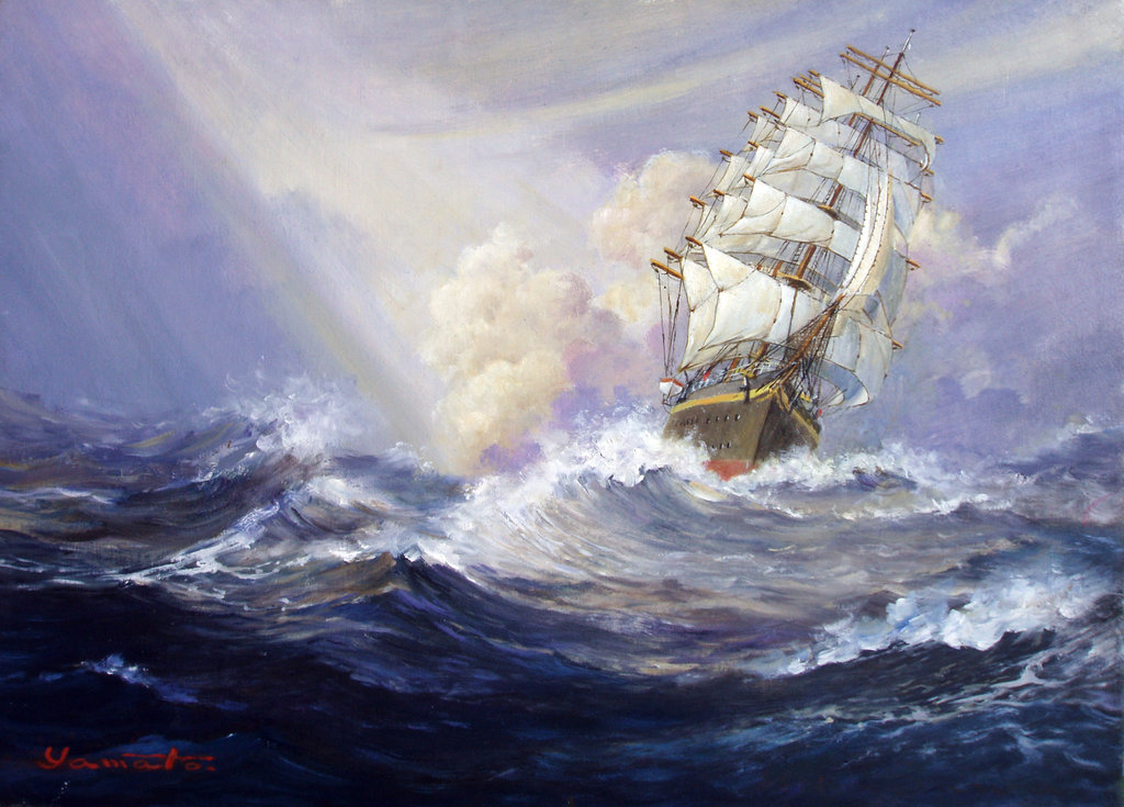 1024x735 Sailing Ship In Distant Sea 2 By Temma22 - Painting Of A Ship At Sea