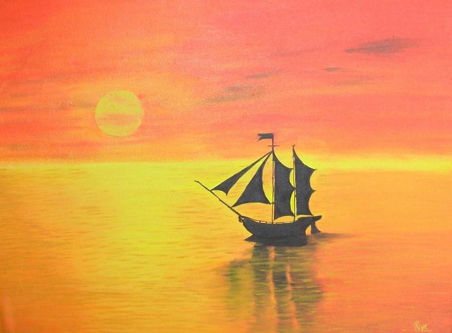 900x664 Sunrise Sea Ship Sss Painting By Riya Rathore - Painting Of A Ship At Sea