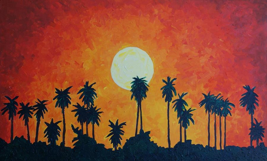 900x543 Palm Trees With Setting Sun Painting By Lone Quixote - Painting Of A Sun