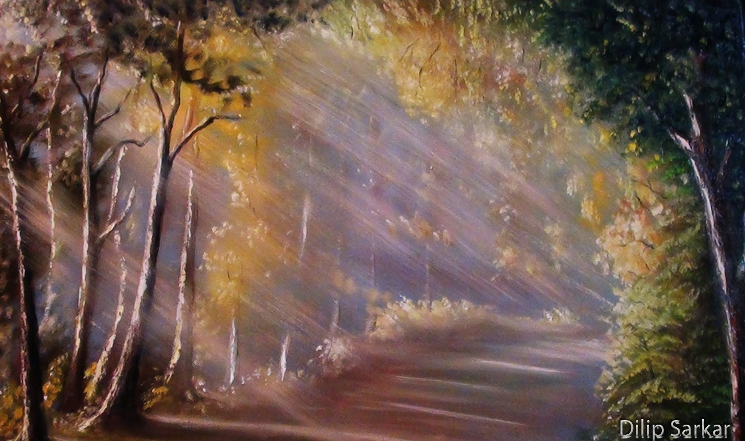 1460x864 How To Draw Oil Painting, Sun Ray In Forest Step By Step - Painting Of A Sun