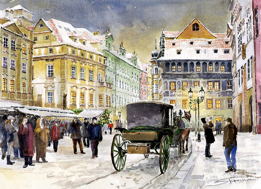 900x652 Prague Old Town Square Winter Painting By Yuriy Shevchuk - Painting Of A Town