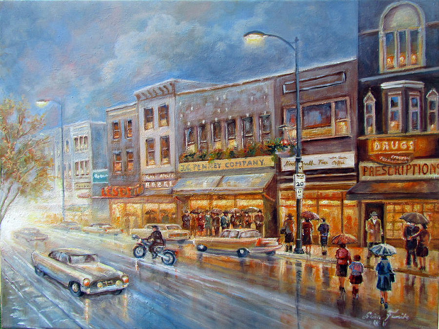 900x675 Small Town On A Rainy Day In 1960 Painting By Regina Femrite - Painting Of A Town