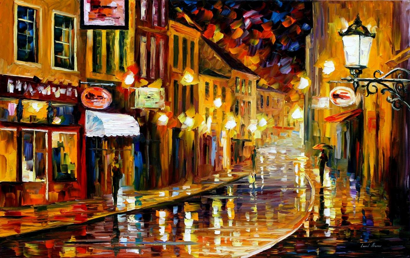1389x873 Lights Of The Old Town Palette Knife Oil Painting On Canvas By - Painting Of A Town