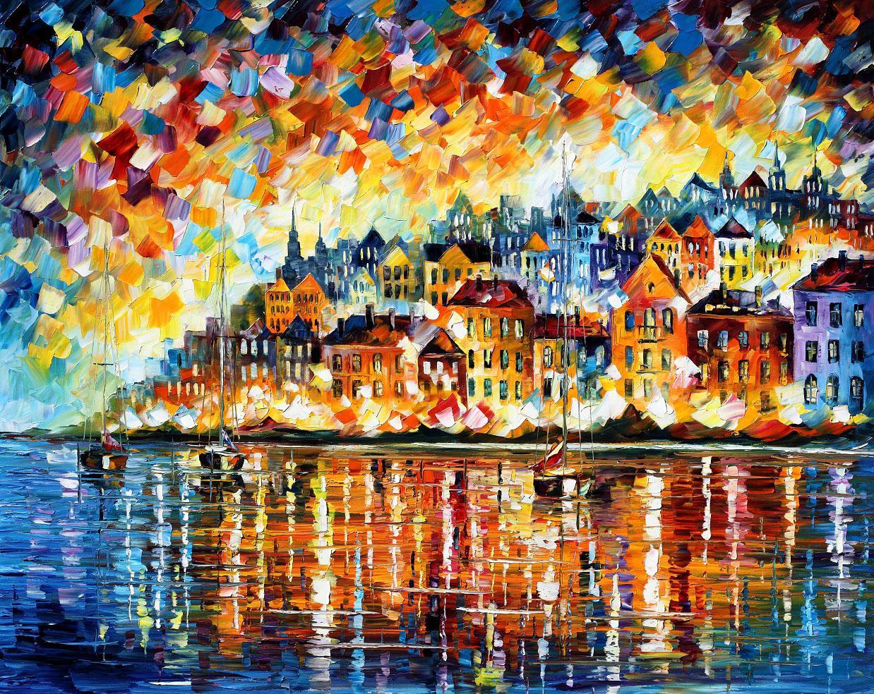1238x984 Leonid Afremov, Oil On Canvas, Palette Knife, Buy Original - Painting Of A Town