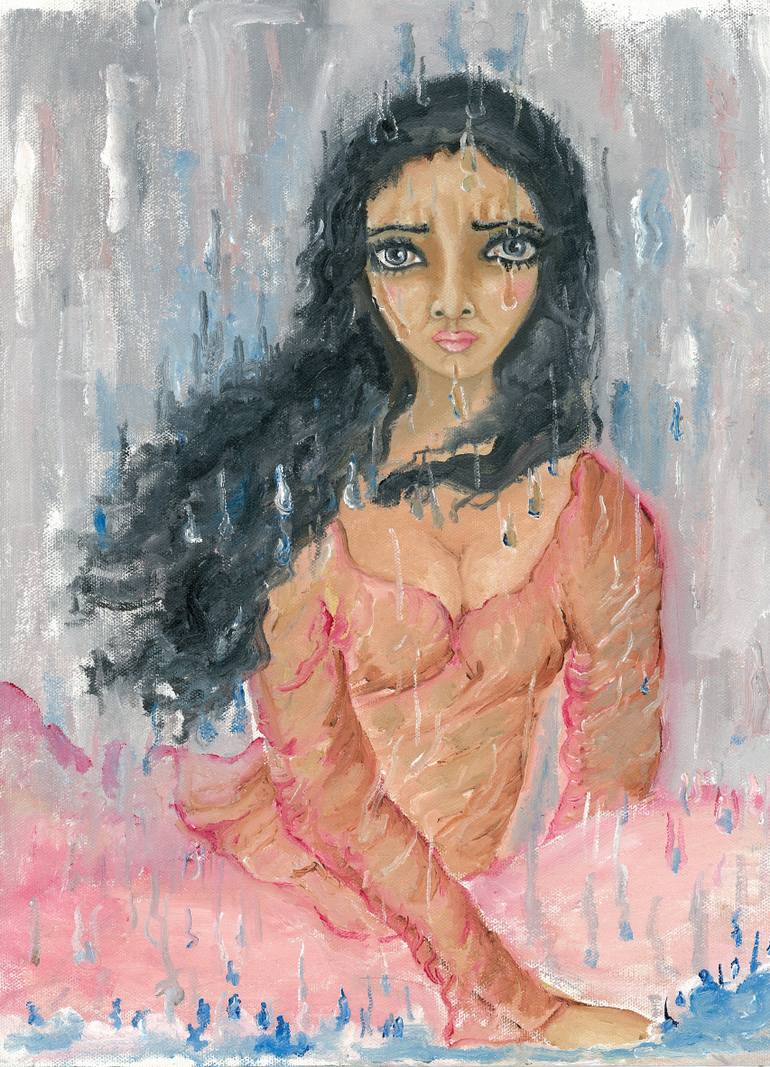 770x1067 Saatchi Art Woman Crying In The Rain Painting By Sangeetha Bansal - Painting Of A Woman Crying