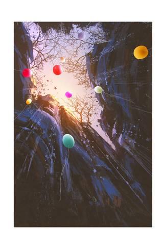325x488 Painting Of Colored Balloons Floating Into The Sky Surrounded By - Painting Of Balloons