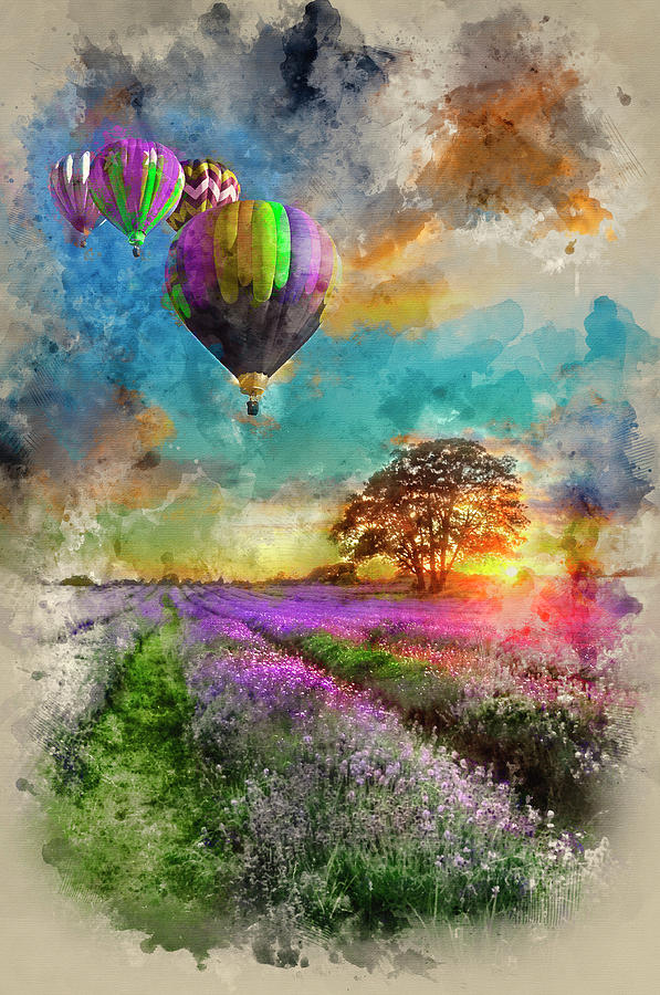 597x900 Watercolour Painting Of Hot Air Balloons Flying Over Lavender La - Painting Of Balloons