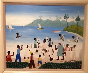 300x251 Voltaire Hector Original Signed Vintage Haitian Painting Folk - Painting Of Baptism