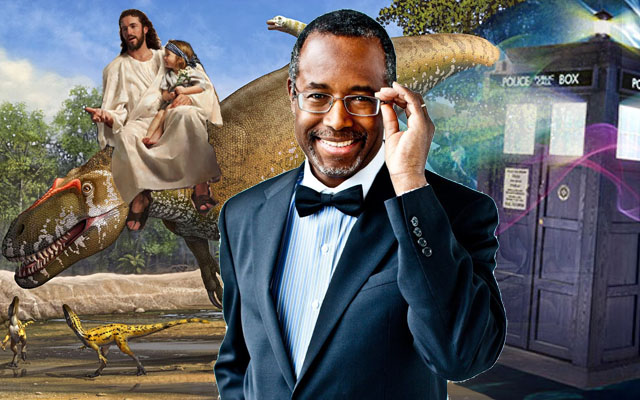 640x400 Ben Carson And Evolution With Tardis And Jesus Riding Dinosaur - Painting Of Ben Carson