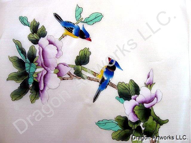 640x480 Blue Birds And Purple Flowers Chinese Silk Painting - Painting Of Birds And Flowers