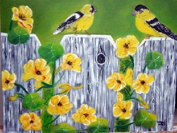 600x450 Oil Painting Of Birds On Fence With Flowers Pictures, Photos, - Painting Of Birds And Flowers