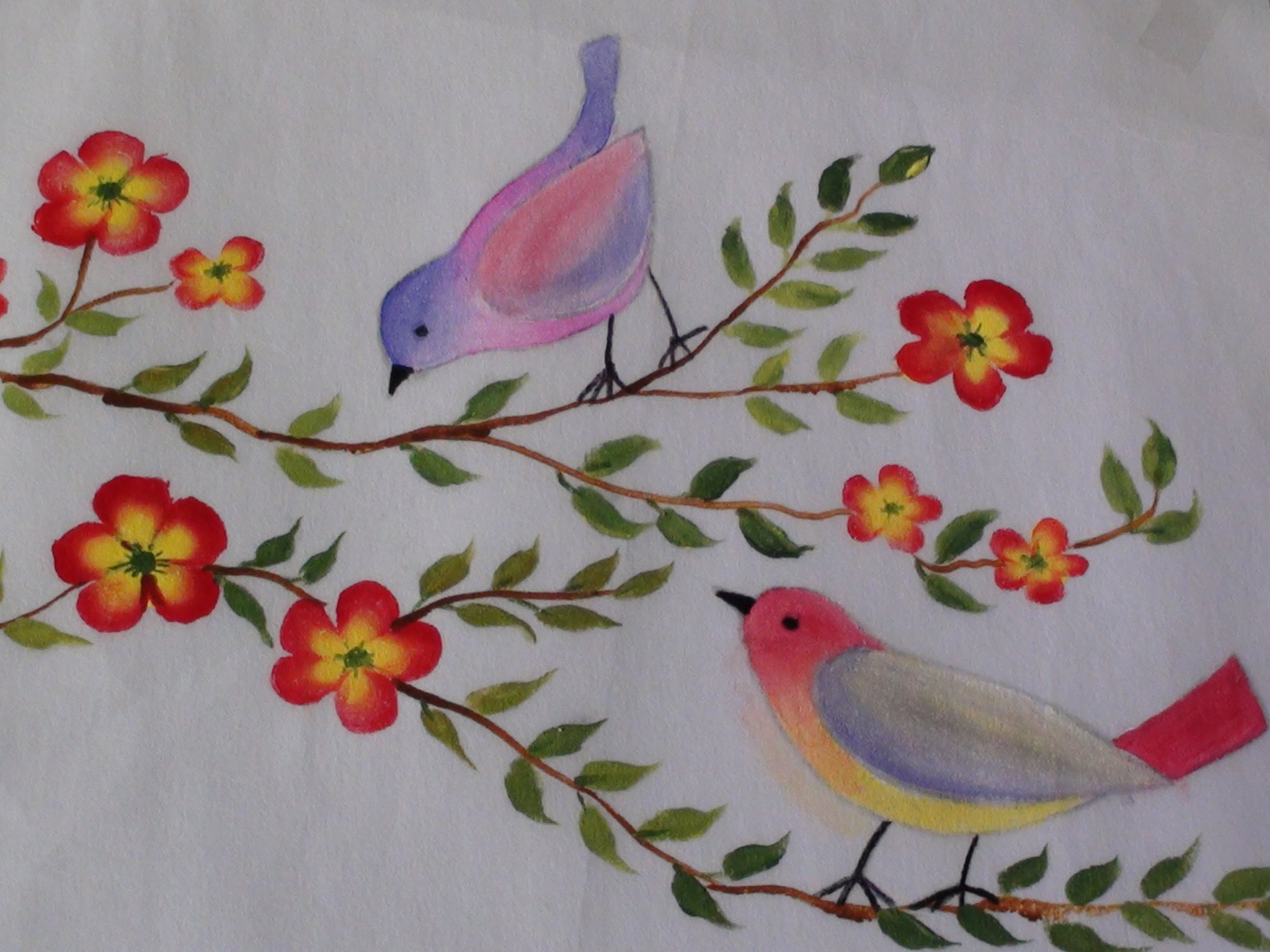 2048x1536 Birds And Flowers Fabric Painting - Painting Of Birds And Flowers