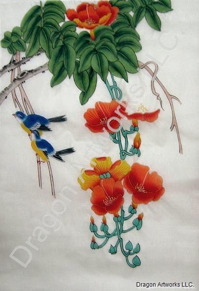 412x600 Blue Birds And Flowers Chinese Silk Painting - Painting Of Birds And Flowers