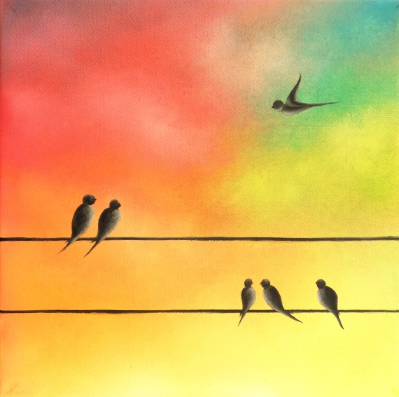 570x567 Family Of Birds On A Wire Painting, Whimsical Bird Family - Painting Of Birds In Flight