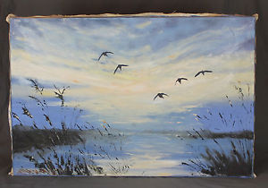 300x210 Vintage Wildlife Oil Painting Ducks Alighting Birds In Flight - Painting Of Birds In Flight