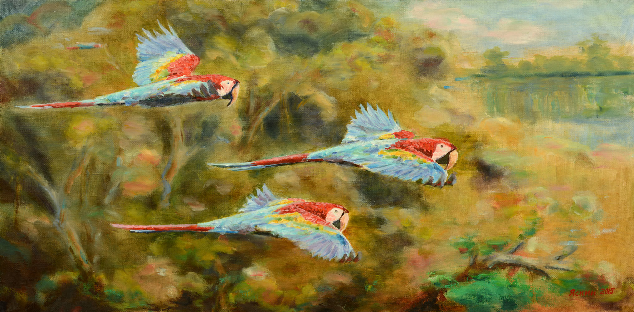2032x1000 Vladimir Yaskin Artwork Flight Over The Rainforest Original - Painting Of Birds In Flight