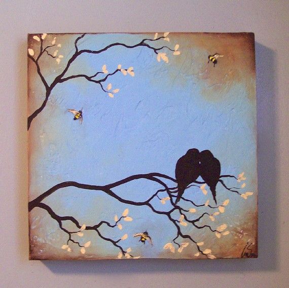 570x568 Original Textured Painting - Painting Of Birds On Branches