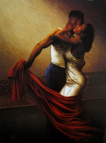 370x501 Sensuous Whisper By Jay Bakari Allen - Painting Of Black Couples In Love