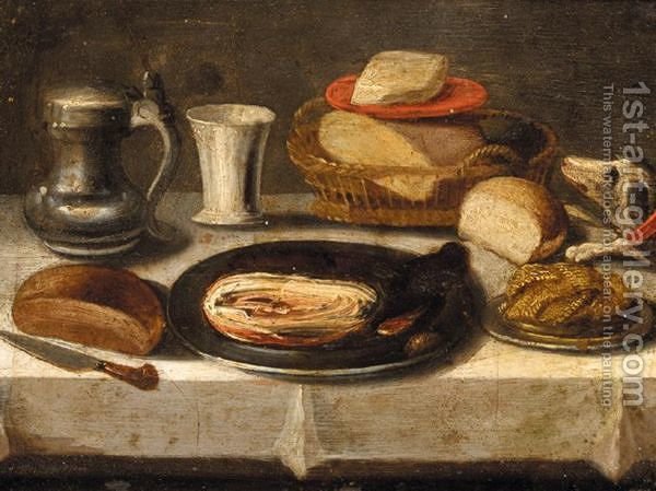 600x449 Still Life Of A Pewter Plate With A Jan Steen Jug, A Cup, A Basket - Painting Of Bread