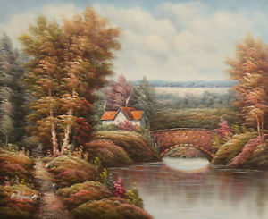 300x245 High Quality Oil Painting Of Landscape Bridge Over River By House - Painting Of Bridge