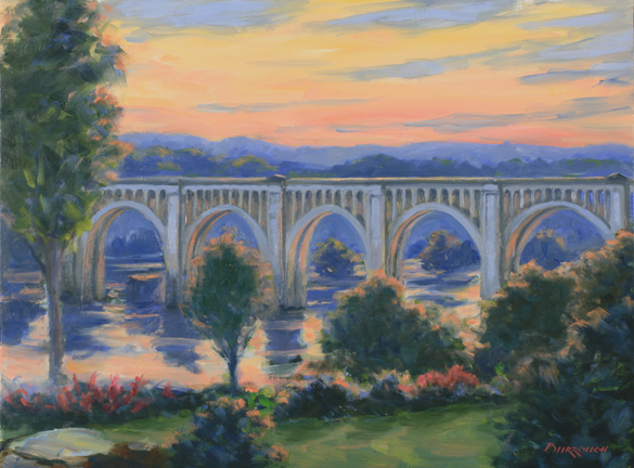 585x432 Sunset Over The Old Arched Bridge - Painting Of Bridge