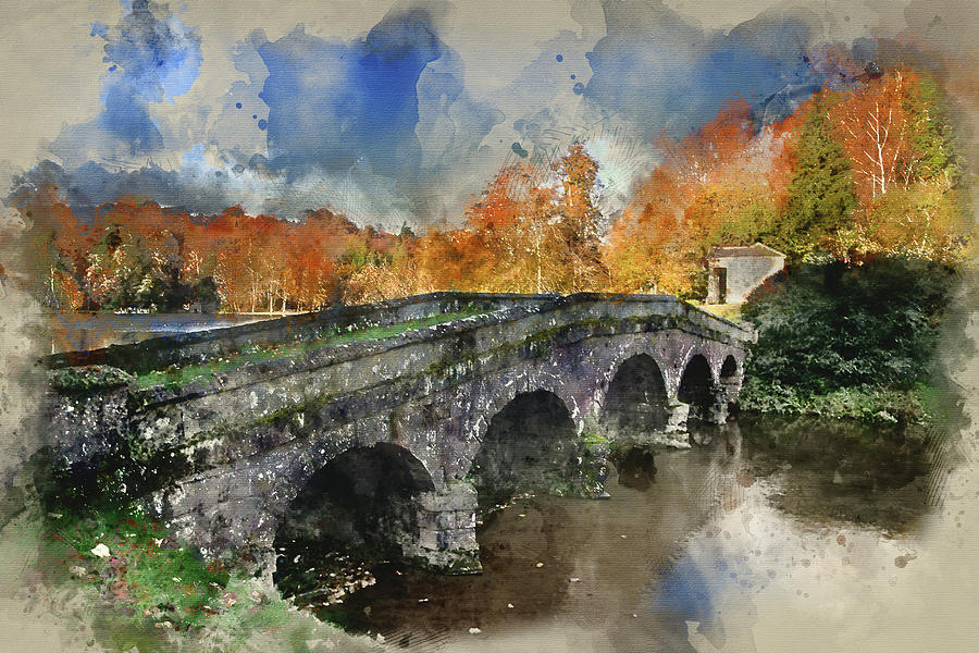 900x600 Watercolour Painting Of Bridge Over Main Lake In Stourhead Garde - Painting Of Bridge