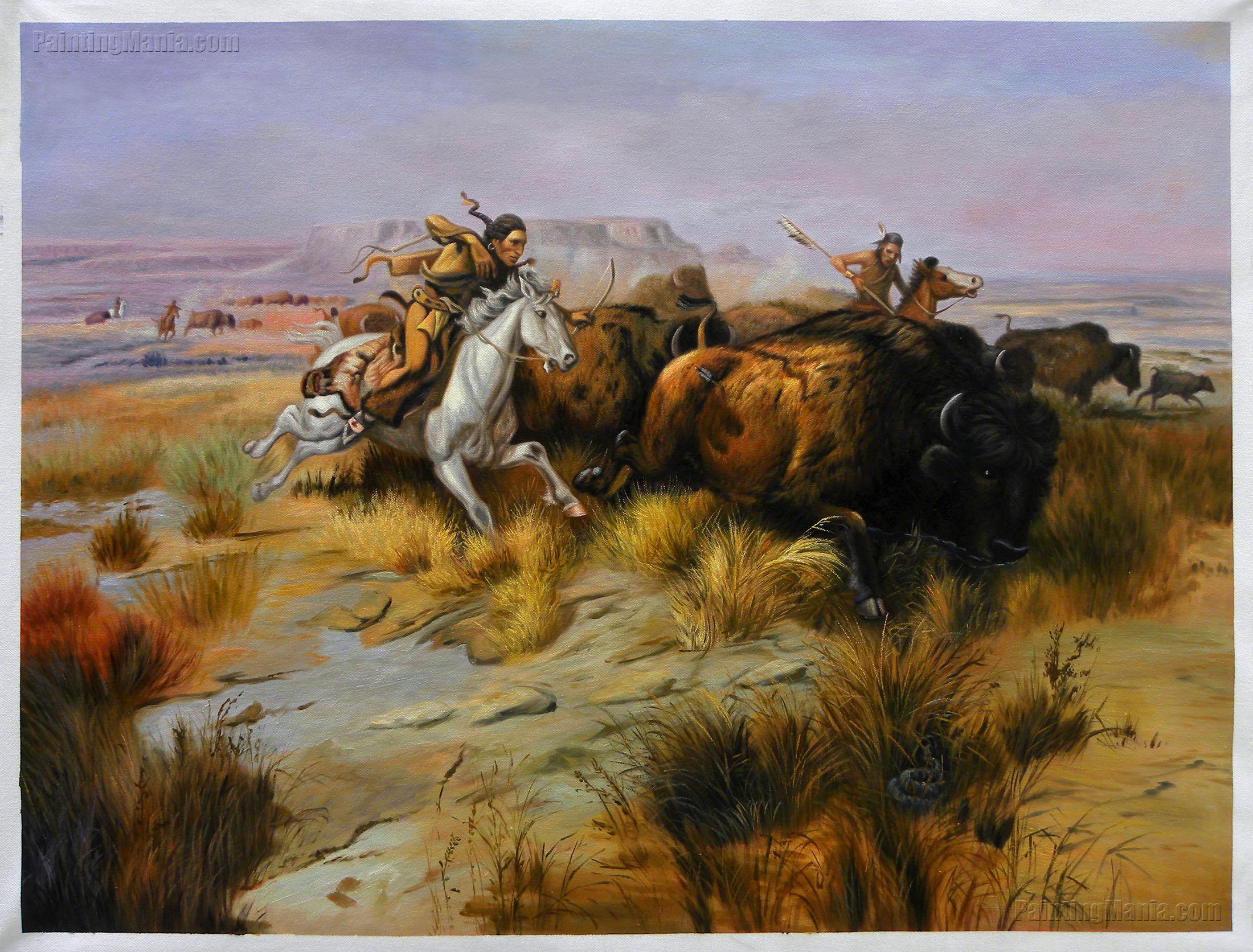 2200x1672 Indian Buffalo Hunt (Land Of Good Hunting) Russell Painting - Painting Of Buffalo