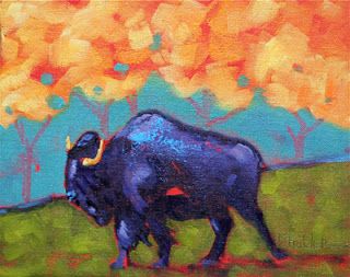 320x253 Oil Painting Of Buffalo And Trees Landscape 8x10 Buffalo - Painting Of Buffalo