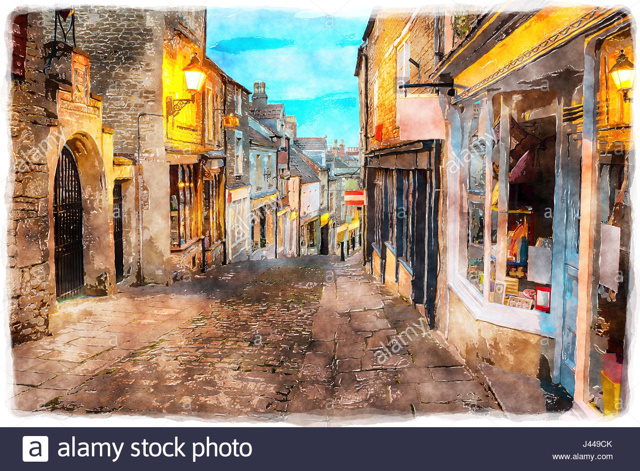 1300x957 Watercolour Painting Of Cobbled Streets And Quaint Buildings - Painting Of Buildings