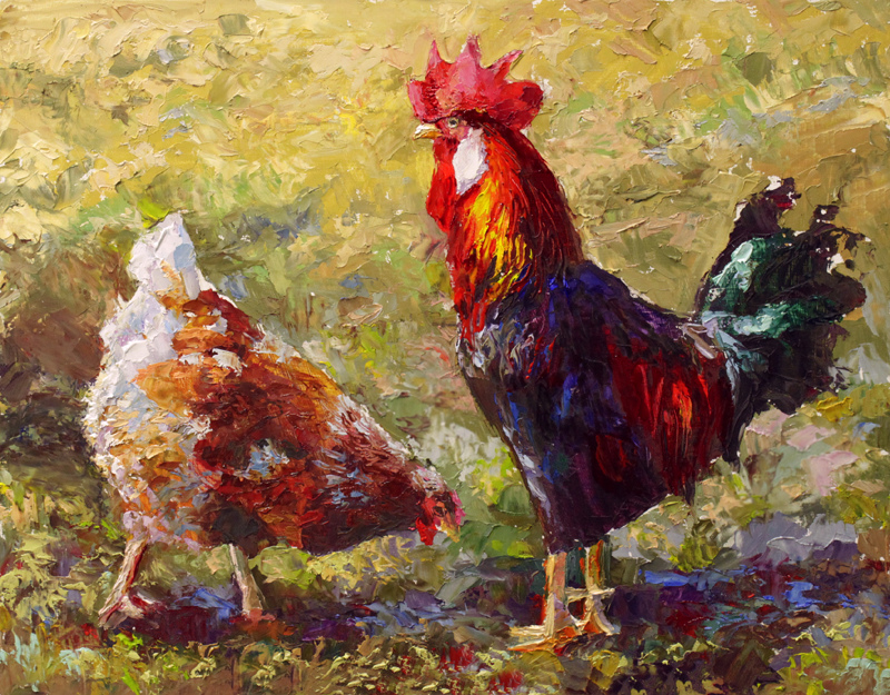 800x625 Tali's Guard Chicken Oil Painting By Karen Whitworth - Painting Of Chickens