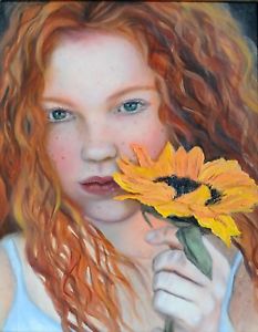 233x300 Original Oil Painting Of A Red Haired Girl With Sunflower Portrait - Painting Of Child