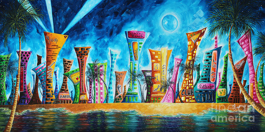 900x450 Miami City South Beach Original Painting Tropical Cityscape Art - Painting Of Cityscape