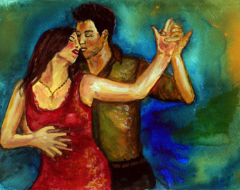 340x270 Original Painting Of Dancers In Watercolor. Colorful Romantic - Painting Of Couple Dancing