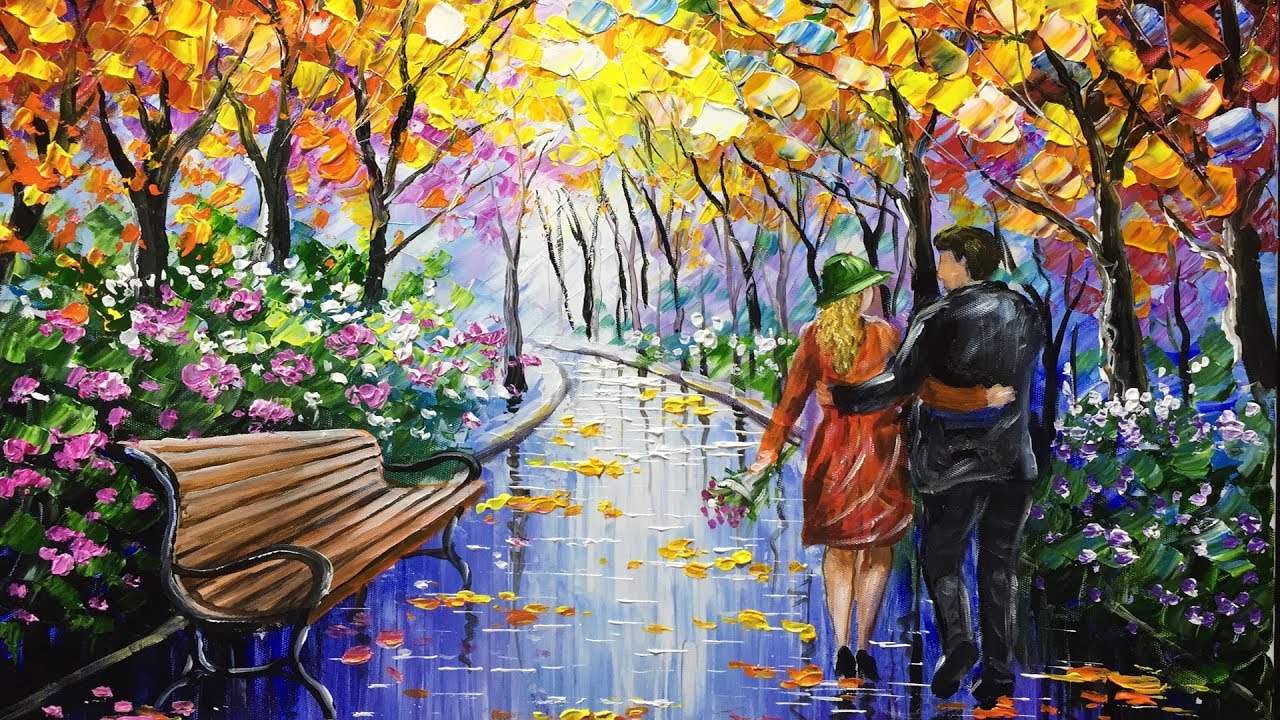 1280x720 Couple Walking In Rain Acrylic Painting - Painting Of Couple In The Rain