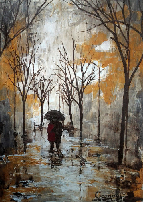 500x704 Rainy Landscape - Painting Of Couple In The Rain