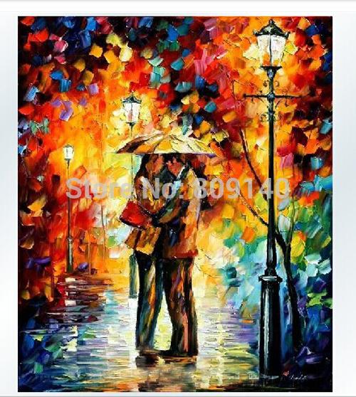 500x558 Stretched Couple Lover Cuddling In The Rain Portrait Knife Oil - Painting Of Couple In The Rain