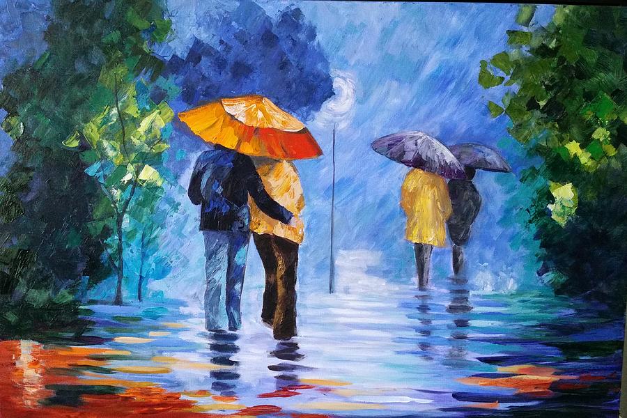 900x600 Walking In The Rain Painting By Rosie Sherman - Painting Of Couple In The Rain