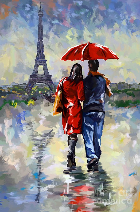596x900 Couple Walking In The Rain Paris Painting By Tim Gilliland - Painting Of Couple In The Rain